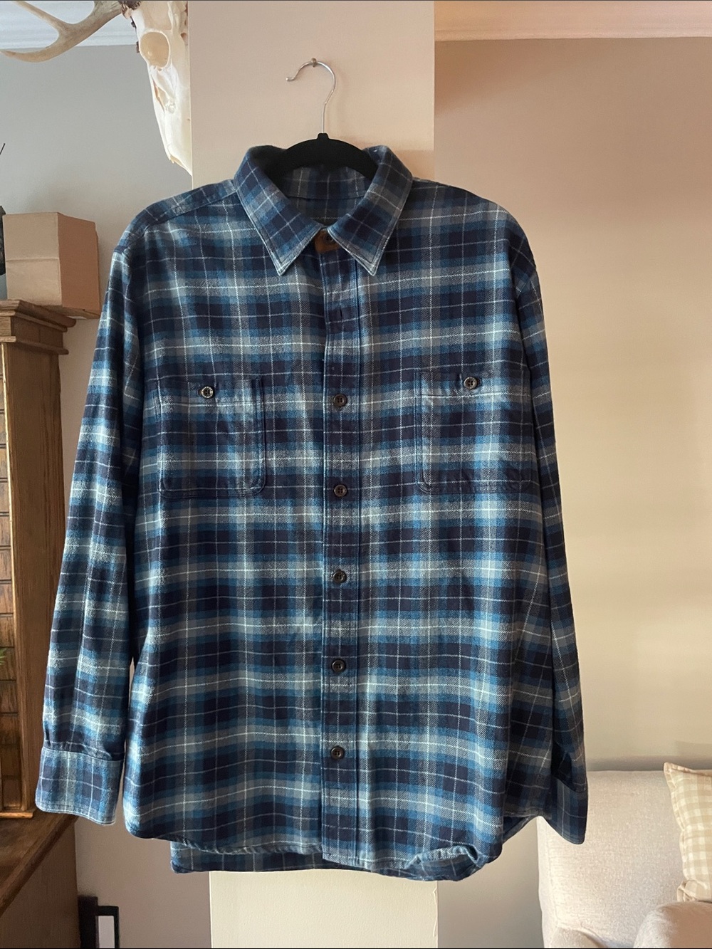 Orvis Blue Plaid Men's Flannel Button-Up Shirt